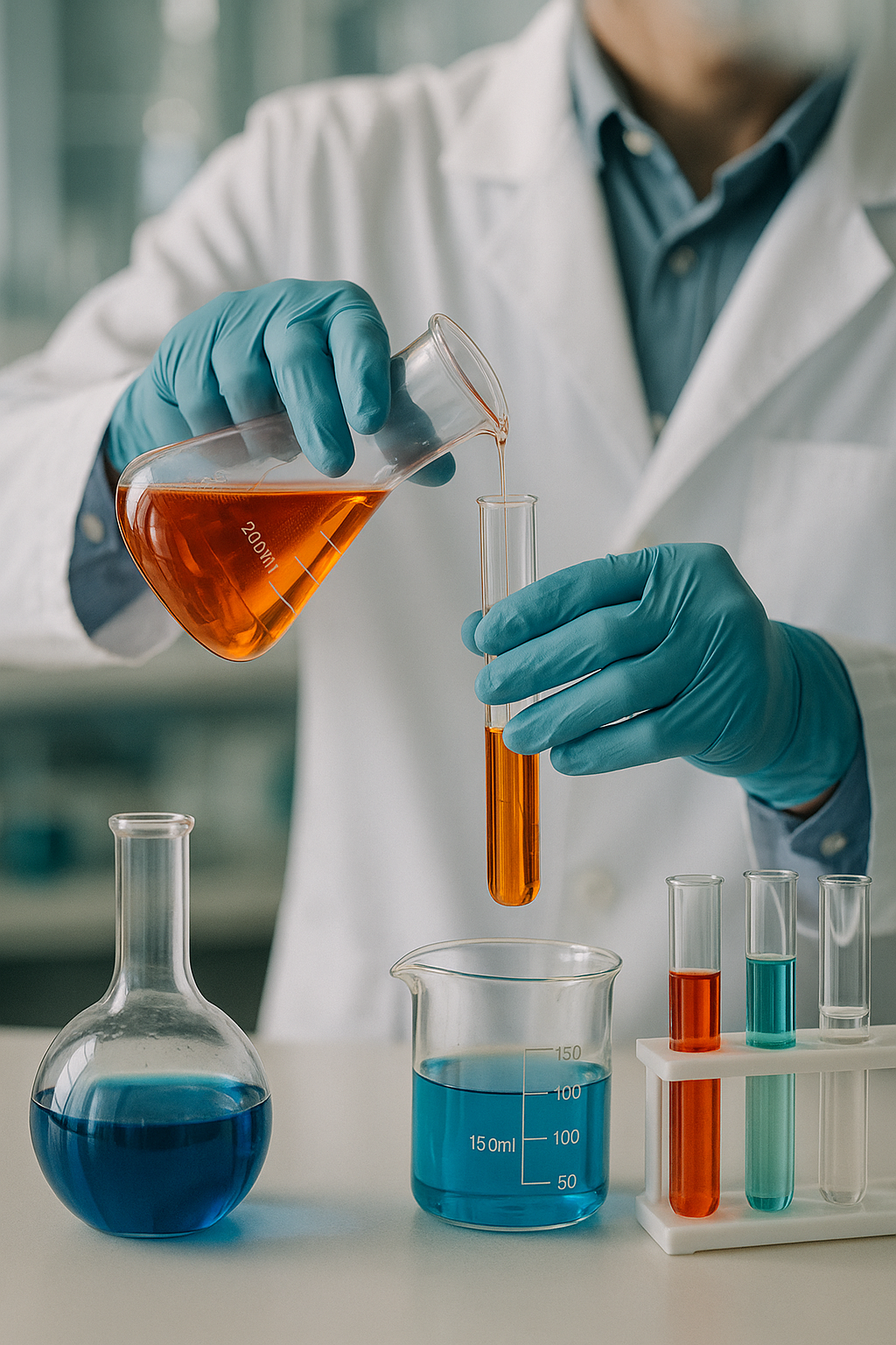 Laboratory scientist working with chemical solutions and glassware for pharmaceutical research